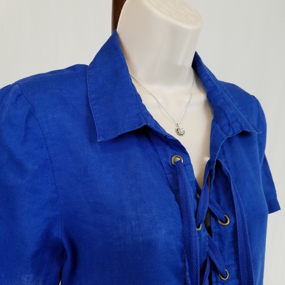 Anthropologie dress linen lace-up cobalt blue 8 - Picture 4 of 5